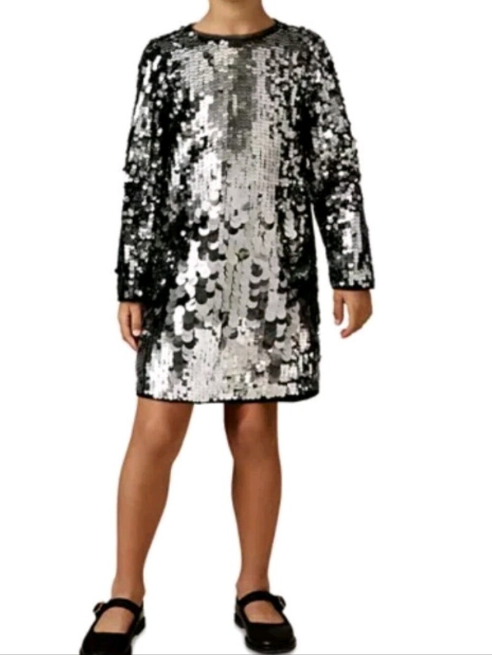 REISS Girls' Size 9-10 Hattie Black Silver Long Sleeve Sequin Dress Msrp $160